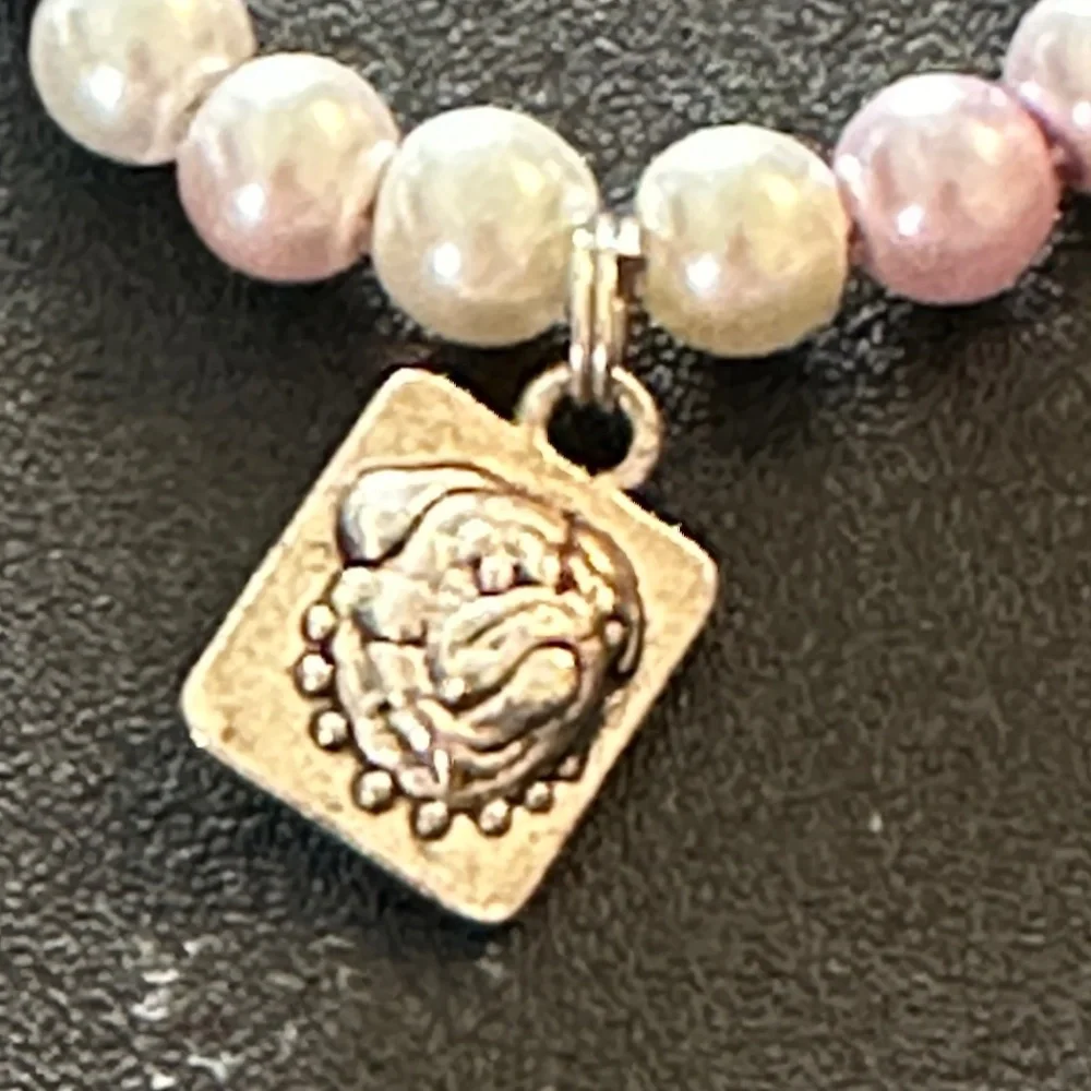 Wine glass tag stainless steel hoop pink/white/metal beads, dog charm